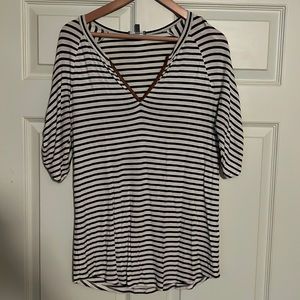 Extra long, striped T-shirt with leather detail